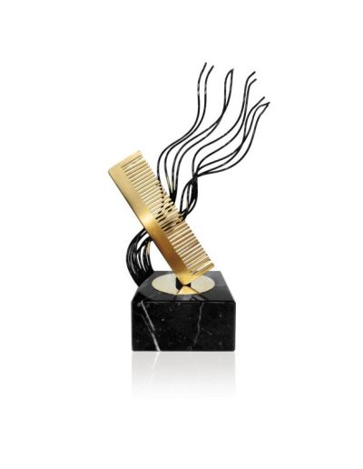 ESCULTURA TROFEO DE PELUQUERÍA DE LATÓN. 3 T.