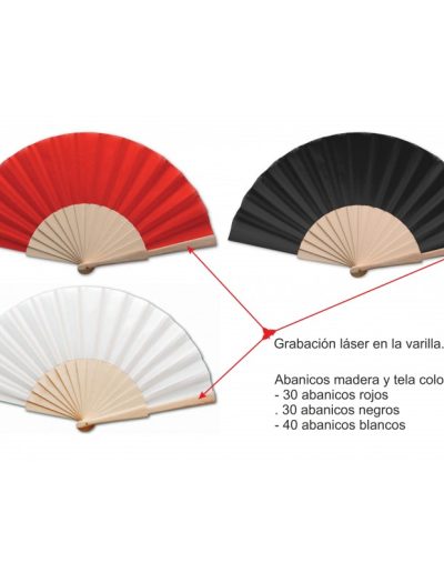 Set de 100 abanicos de madera y tela lisa, grabados a láser en la varilla.